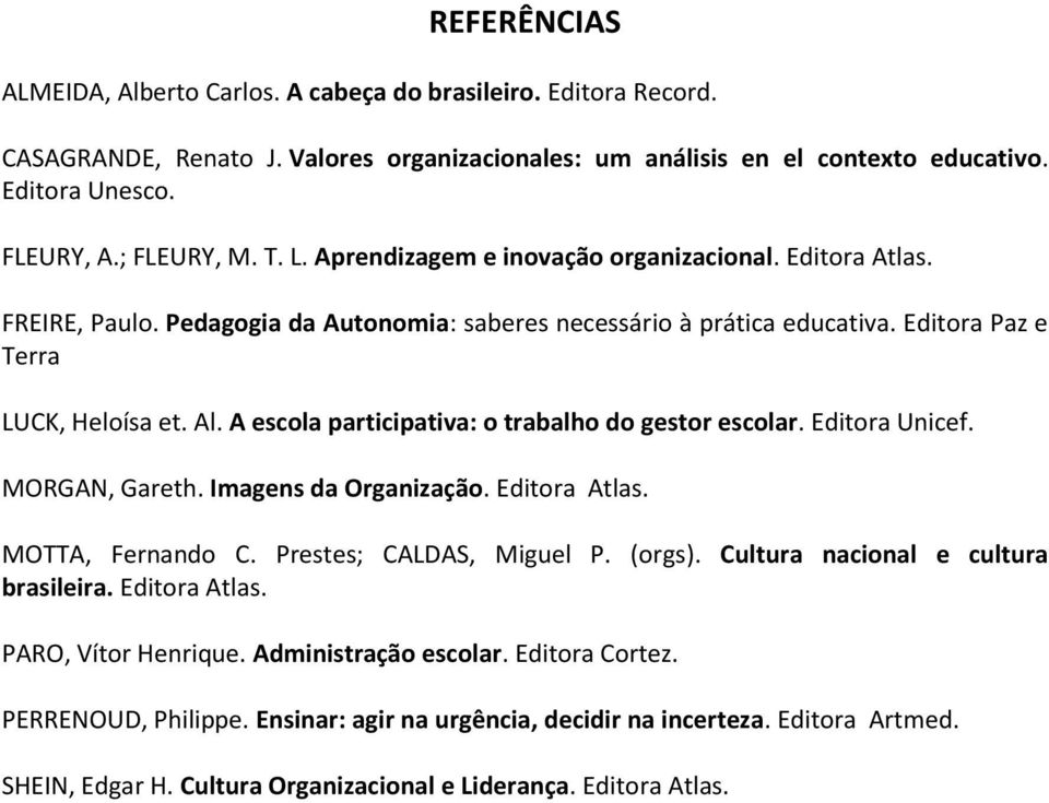 A escola participativa: o trabalho do gestor escolar. Editora Unicef. MORGAN, Gareth. Imagens da Organização. Editora Atlas. MOTTA, Fernando C. Prestes; CALDAS, Miguel P. (orgs).