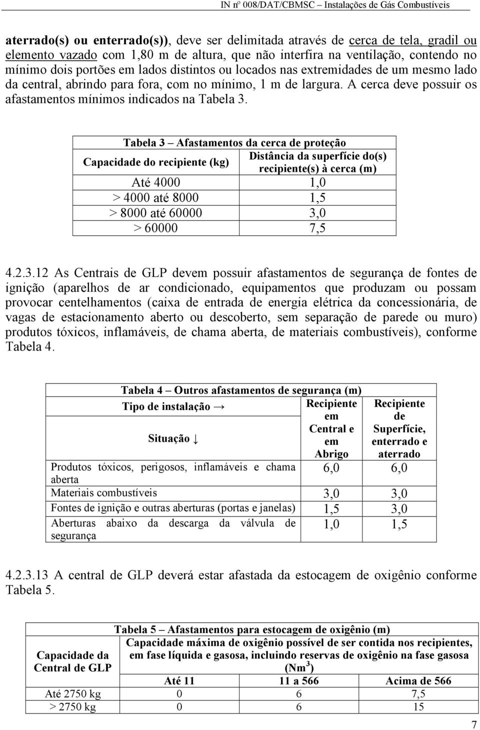 Tabela 3 Afastamentos da cerca de proteção Distância da superfície do(s) recipiente(s) à cerca (m) Até 4000 1,0 > 4000 até 8000 1,5 > 8000 até 60000 3,0 > 60000 7,5 Capacidade do recipiente (kg) 4.2.