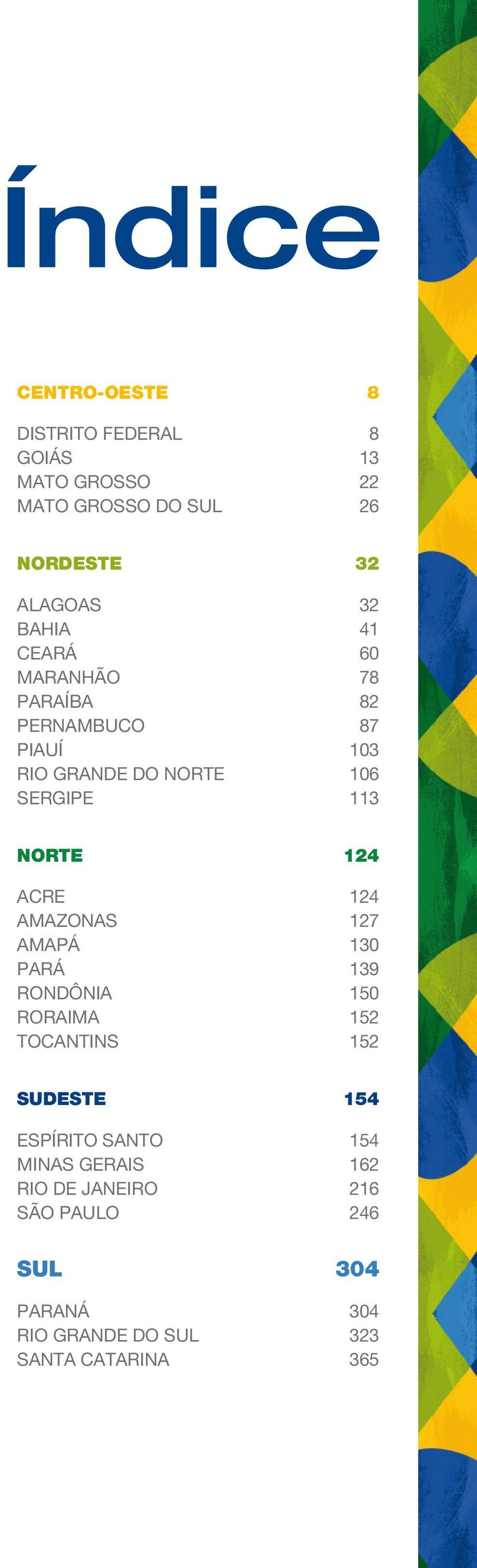 Acre 124 AMAZONAS 127 AMAPÁ 130 PARÁ 139 RONDÔNIA 150 RORAIMA 152 TOCANTINS 152 sudeste 154 Espírito Santo