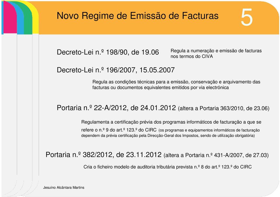 , de 24.01.2012 (altera a Portaria 363/2010, de 23.06) Regulamenta a certificação prévia dos programas informáticos de facturação a que se refere o n.º 9 do art.º 123.