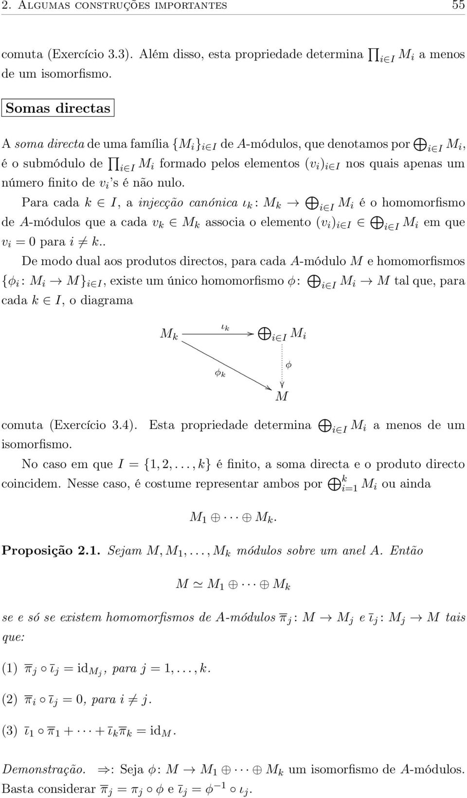 é não nulo. Para cada k I, a injecção canónica ι k : M k i I M i é o homomorfismo de A-módulos que a cada v k M k associa o elemento (v i ) i I i I M i em que v i = 0 para i k.