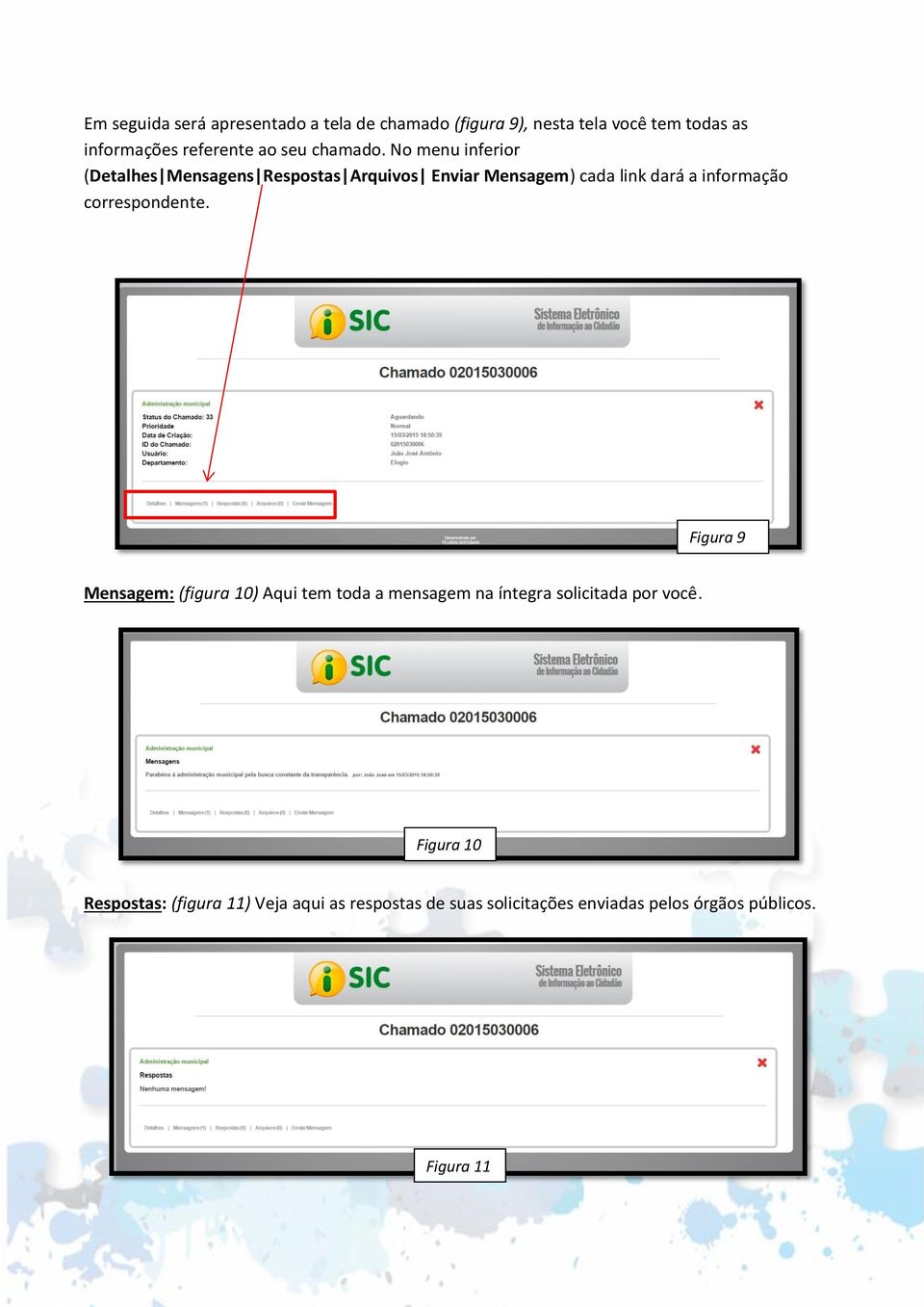 No menu inferior (Detalhes Mensagens Respostas Arquivos Enviar Mensagem) cada link dará a informação