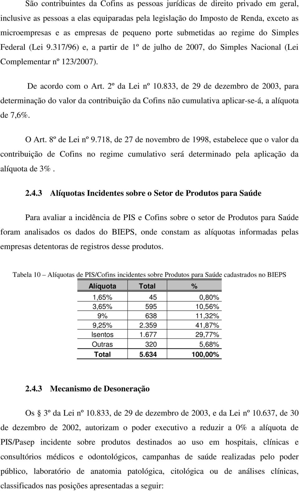 833, de 29 de dezembro de 2003, para determinação do valor da contribuição da Cofins não cumulativa aplicar-se-á, a alíquota de 7,6%. O Art. 8º de Lei nº 9.