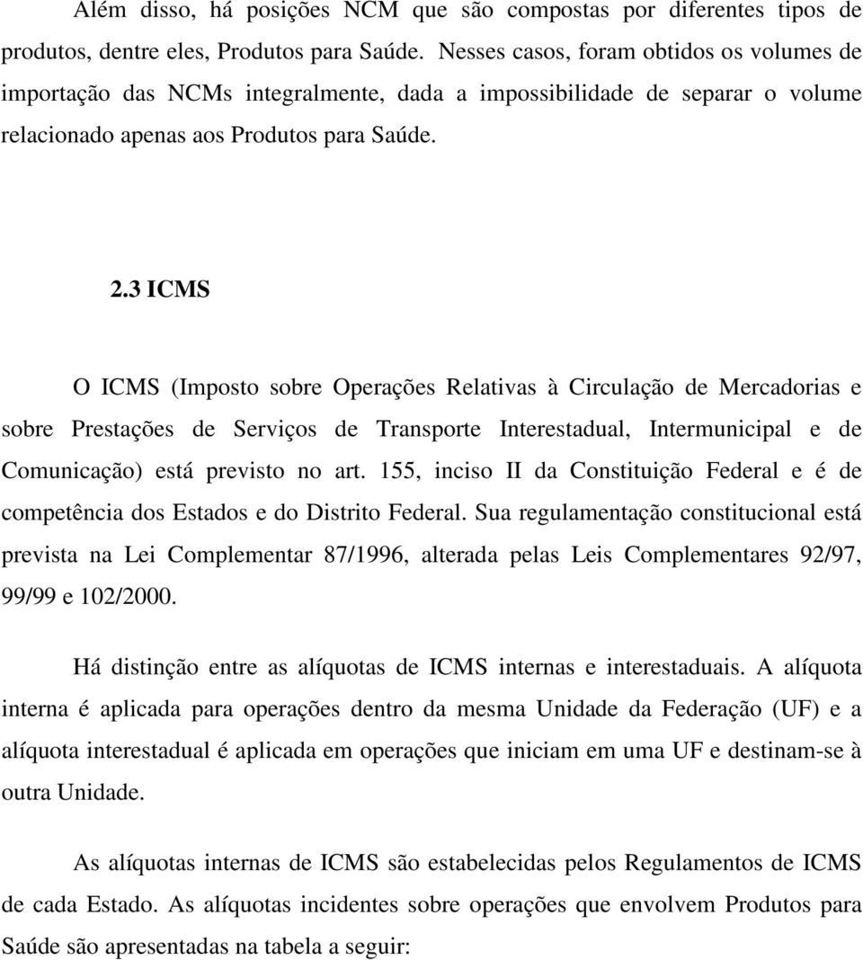 3 ICMS O ICMS (Imposto sobre Operações Relativas à Circulação de Mercadorias e sobre Prestações de Serviços de Transporte Interestadual, Intermunicipal e de Comunicação) está previsto no art.