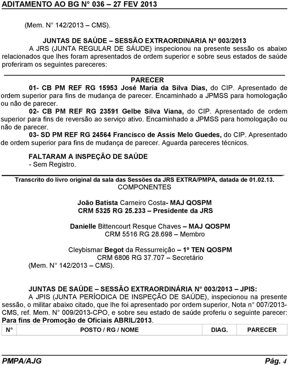 estados de saúde proferiram os seguintes pareceres: PARECER 01- CB PM REF RG 15953 José Maria da Silva Dias, do CIP. Apresentado de ordem superior para fins de mudança de parecer.