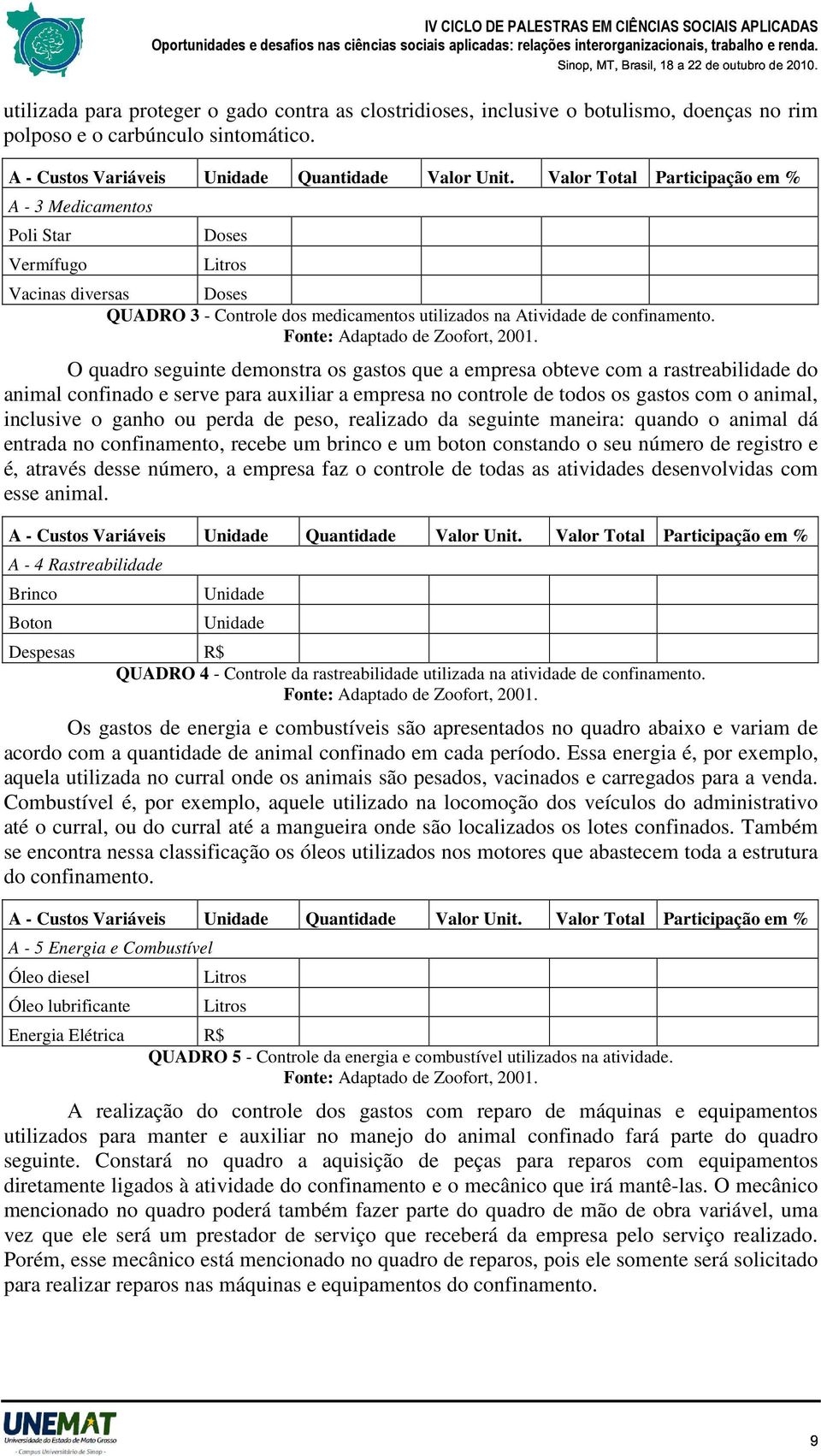 O quadro seguinte demonstra os gastos que a empresa obteve com a rastreabilidade do animal confinado e serve para auxiliar a empresa no controle de todos os gastos com o animal, inclusive o ganho ou