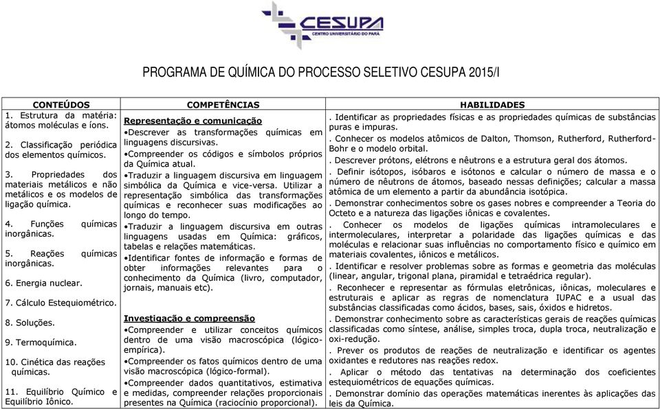 8. Soluções. 9. Termoquímica. 10. Cinética das reações químicas. 11. Equilíbrio Químico e Equilíbrio Iônico. Representação e comunicação Descrever as transformações químicas em linguagens discursivas.