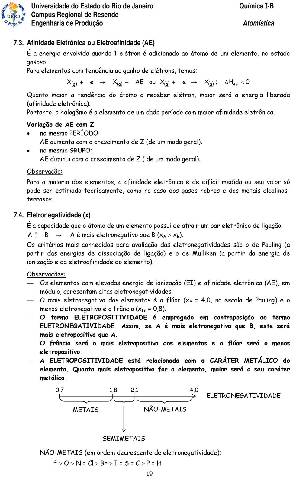 eletrônica). Portanto, o halogênio é o elemento de um dado período com maior afinidade eletrônica. Variação de AE com Z no mesmo PERÍODO: AE aumenta com o crescimento de Z (de um modo geral).