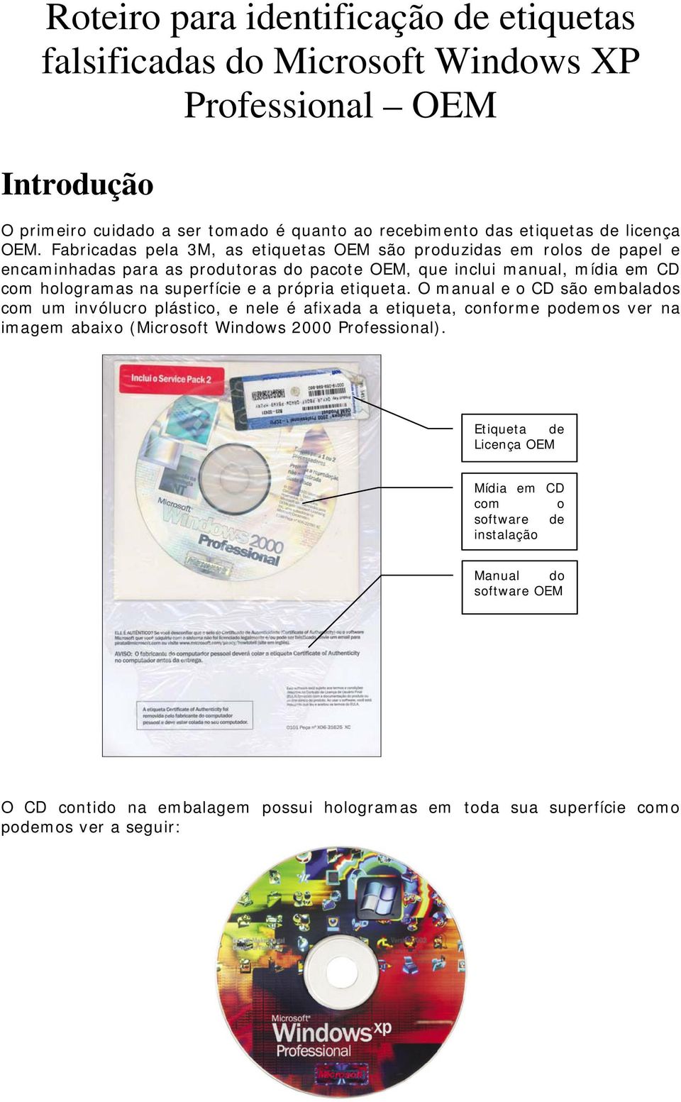 Fabricadas pela 3M, as etiquetas OEM são produzidas em rolos de papel e encaminhadas para as produtoras do pacote OEM, que inclui manual, mídia em CD com hologramas na superfície e a