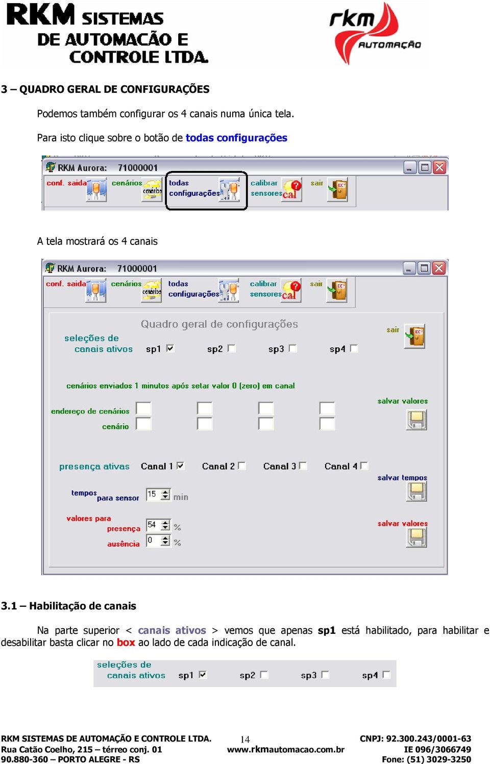 1 Habilitação de canais Na parte superior < canais ativos > vemos que apenas sp1 está habilitado,