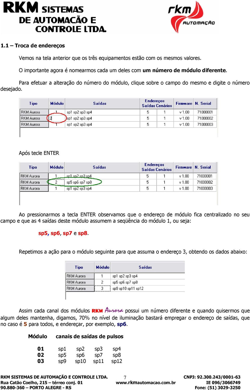 Após tecle ENTER Ao pressionarmos a tecla ENTER observamos que o endereço de módulo fica centralizado no seu campo e que as 4 saídas deste módulo assumem a seqüência do módulo 1, ou seja: sp5, sp6,