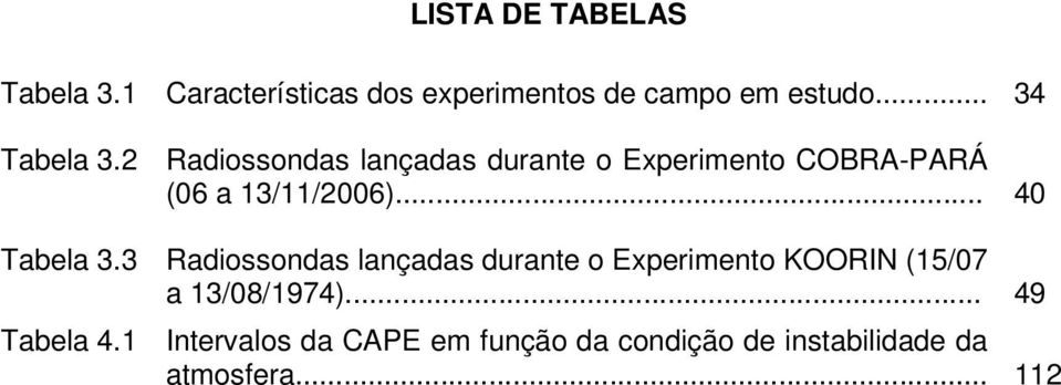 2 Radiossondas lançadas durante o Experimento COBRA-PARÁ (06 a 13/11/2006)... 40 Tabela 3.