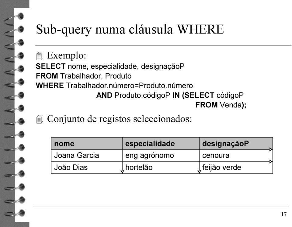 códigoP IN (SELECT códigop FROM Venda); Conjunto de registos seleccionados: nome