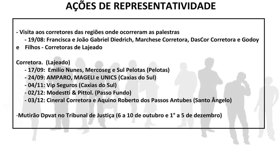 (Lajeado) - 17/09: Emilio Nunes, Mercoseg e Sul Pelotas (Pelotas) -24/09: AMPARO, MAGELI e UNICS (Caxias do Sul) -04/11: Vip Seguros (Caxias