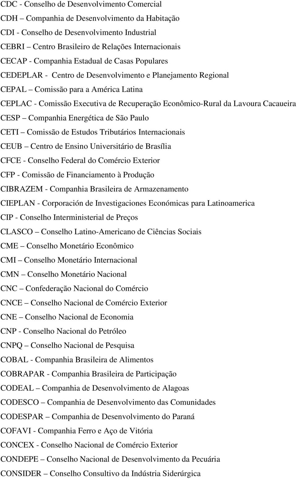 Lavoura Cacaueira CESP Companhia Energética de São Paulo CETI Comissão de Estudos Tributários Internacionais CEUB Centro de Ensino Universitário de Brasília CFCE - Conselho Federal do Comércio