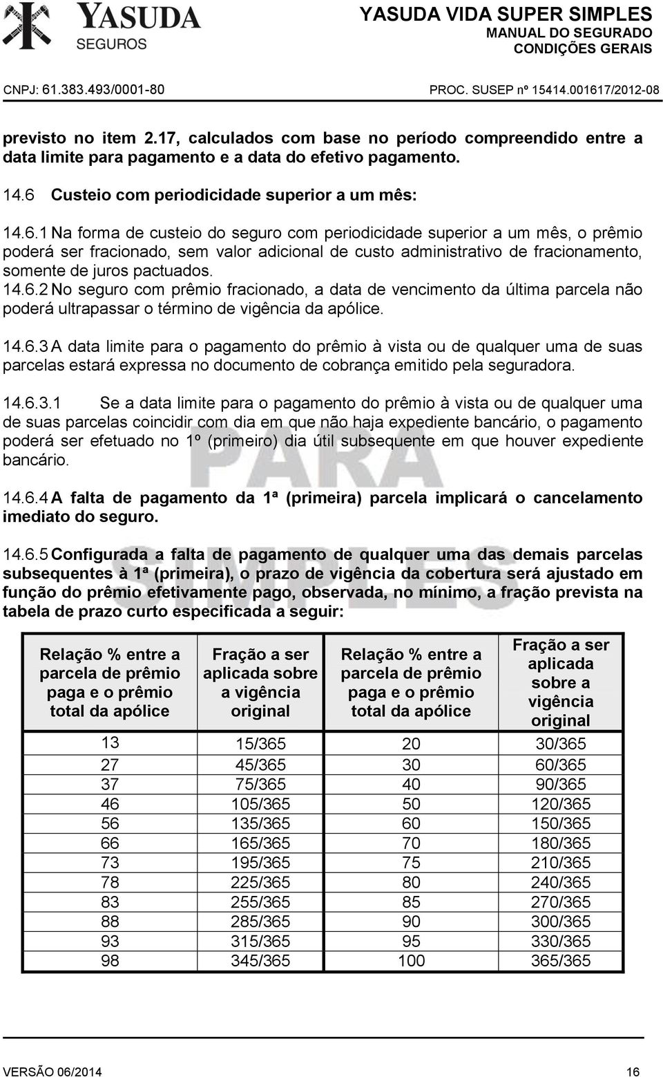 1 Na forma de custeio do seguro com periodicidade superior a um mês, o prêmio poderá ser fracionado, sem valor adicional de custo administrativo de fracionamento, somente de juros pactuados. 14.6.