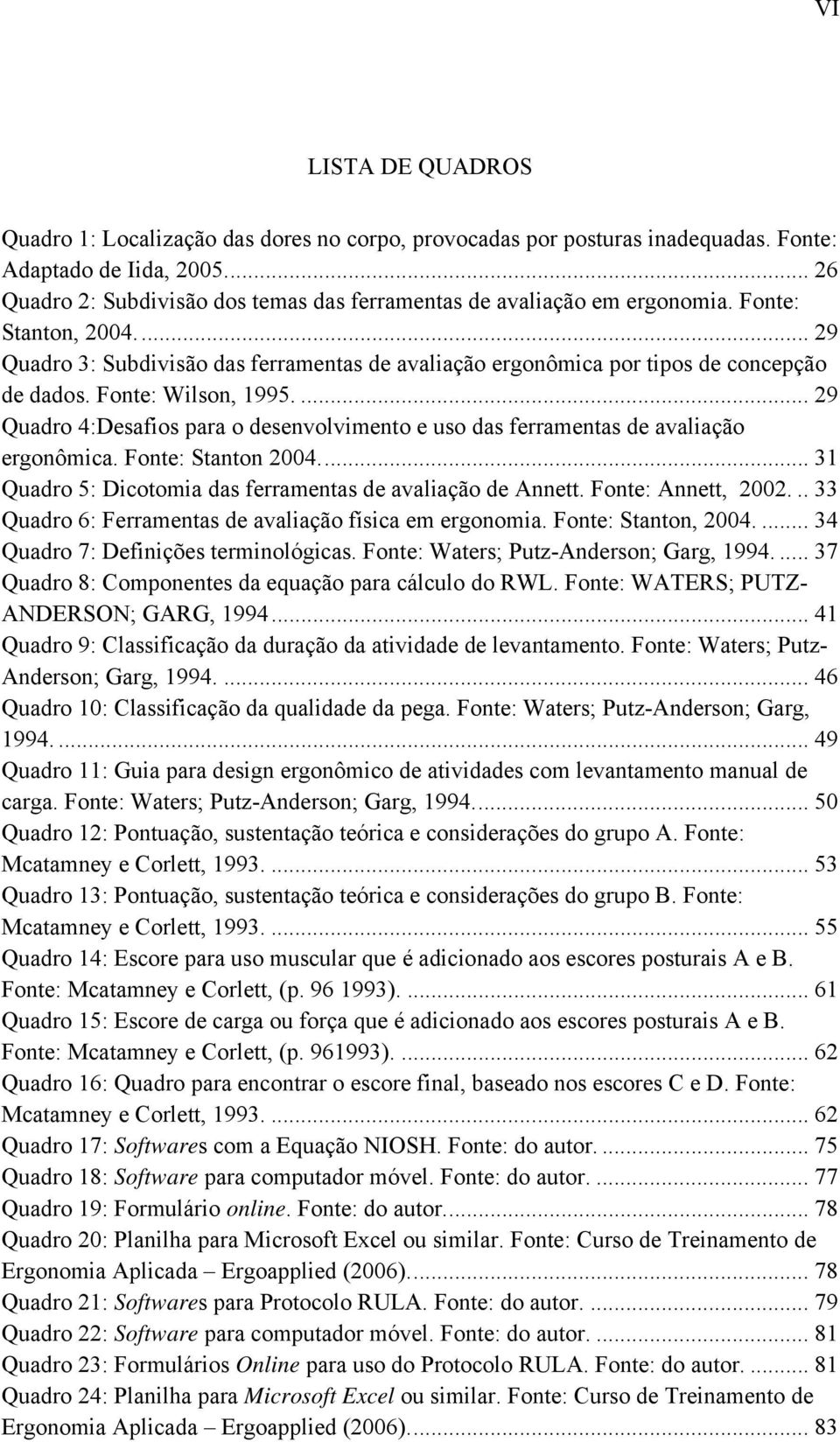 Fonte: Wilson, 1995.... 29 Quadro 4:Desafios para o desenvolvimento e uso das ferramentas de avaliação ergonômica. Fonte: Stanton 2004.... 31 Quadro 5: Dicotomia das ferramentas de avaliação de Annett.