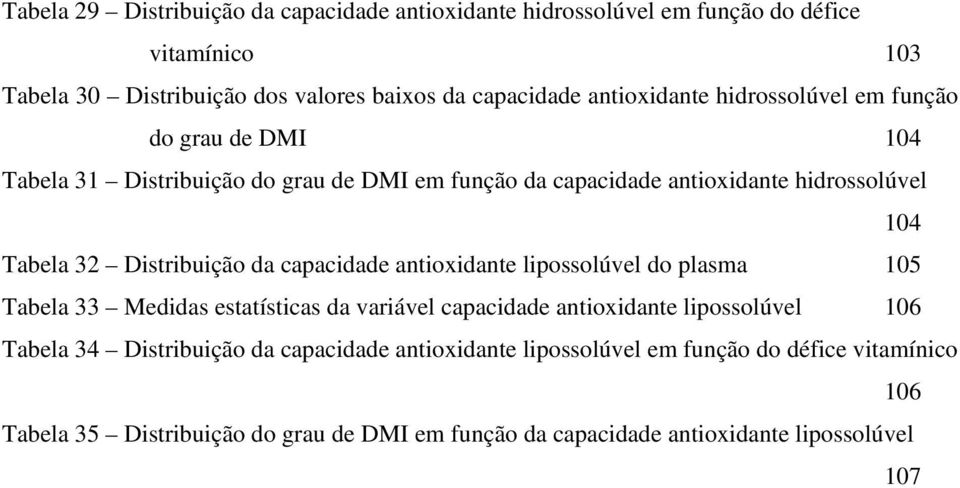 Distribuição da capacidade antioxidante lipossolúvel do plasma 105 Tabela 33 Medidas estatísticas da variável capacidade antioxidante lipossolúvel 106 Tabela 34