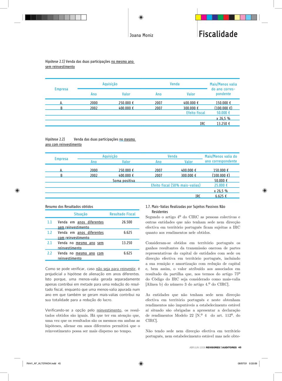 2) Venda das duas participações no mesmo ano com reinvestimento Empresa Aquisição Venda Mais/Menos valia do ano correspondente Ano Valor Ano Valor A. 2000 250.000 2007 400.000 150.000 B 2002 400.