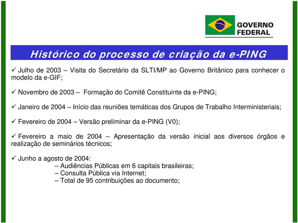 Fevereiro de 2004 Versão preliminar da e-ping (V0); Fevereiro a maio de 2004 Apresentação da versão inicial aos diversos órgãos e realização de