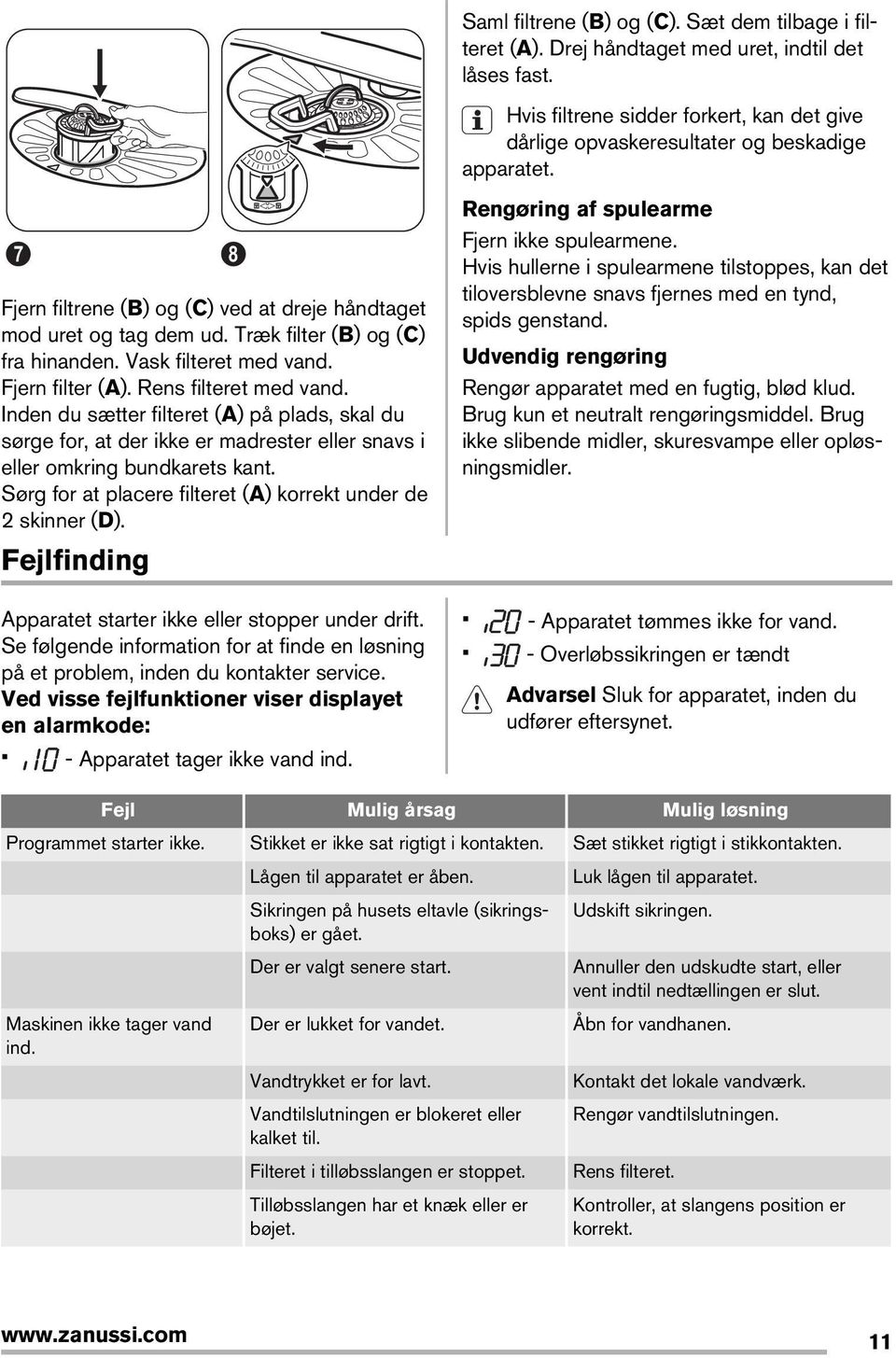 Inden du sætter filteret (A) på plads, skal du sørge for, at der ikke er madrester eller snavs i eller omkring bundkarets kant. Sørg for at placere filteret (A) korrekt under de 2 skinner (D).