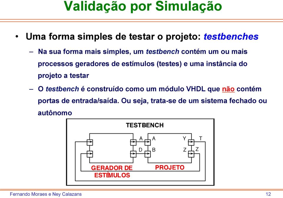 testar O testbench é construído como um módulo VHDL que não contém portas de entrada/saída.