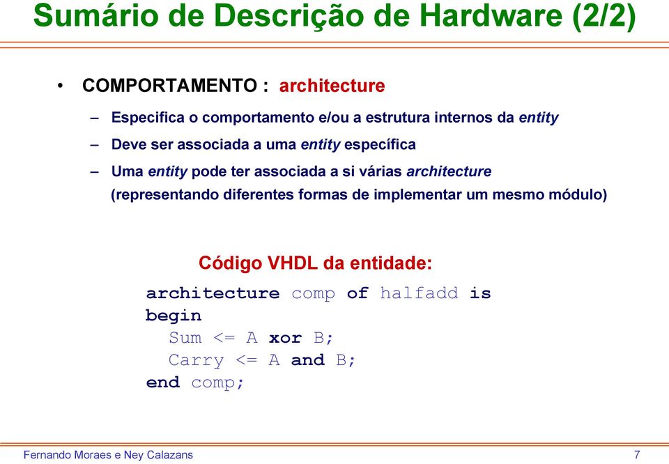 associada a si várias architecture (representando diferentes formas de implementar um mesmo módulo)