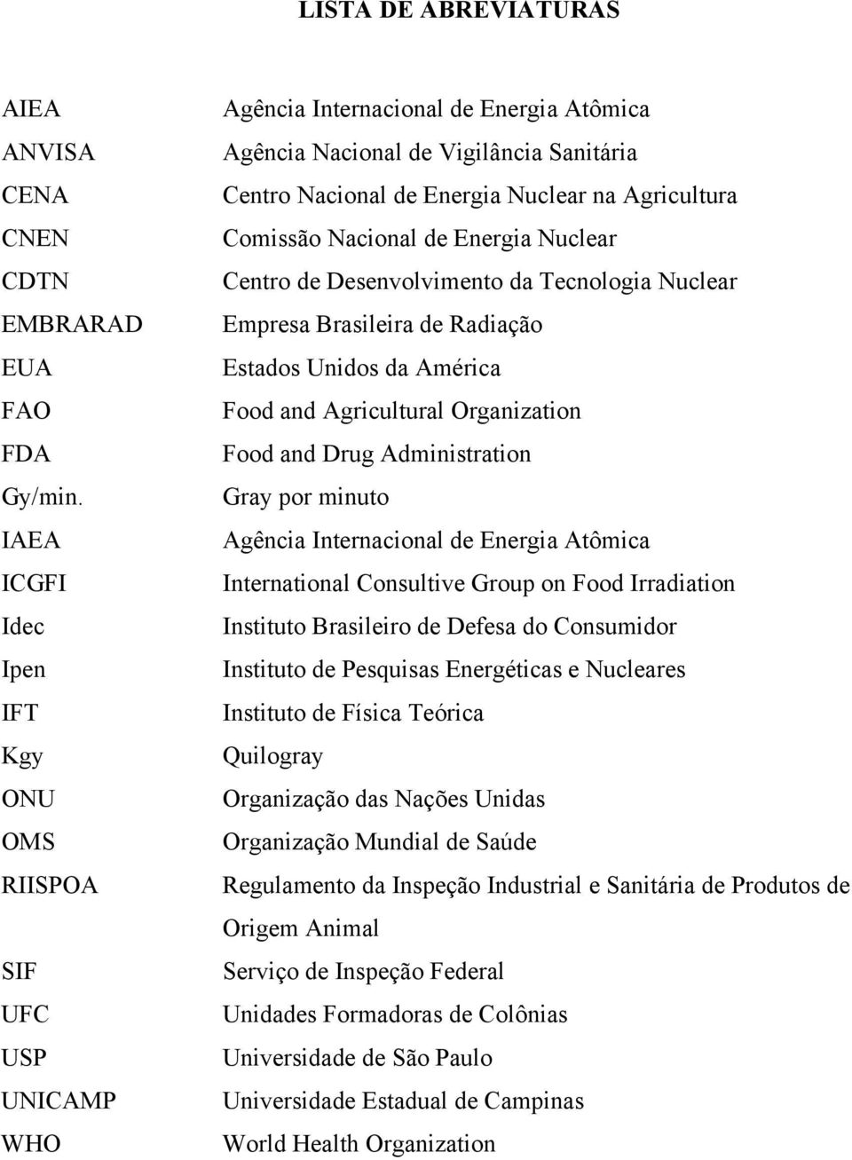 Agricultura Comissão Nacional de Energia Nuclear Centro de Desenvolvimento da Tecnologia Nuclear Empresa Brasileira de Radiação Estados Unidos da América Food and Agricultural Organization Food and