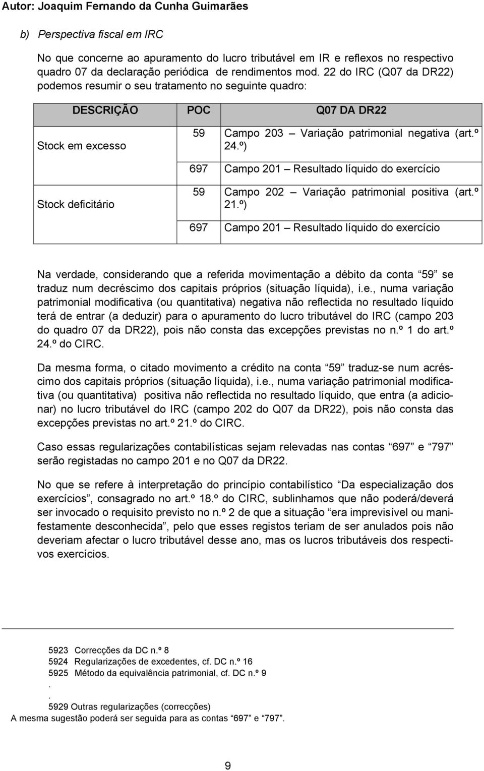 º) 697 Campo 201 Resultado líquido do exercício Stock deficitário 59 Campo 202 Variação patrimonial positiva (art.º 21.