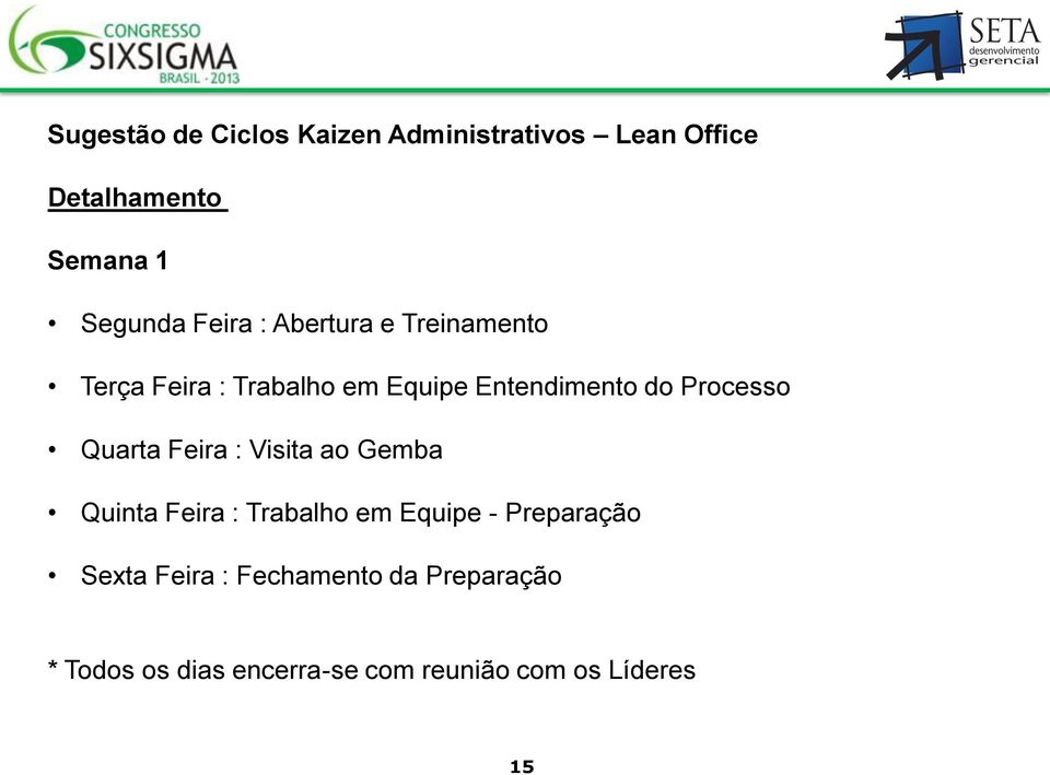 Processo Quarta Feira : Visita ao Gemba Quinta Feira : Trabalho em Equipe - Preparação