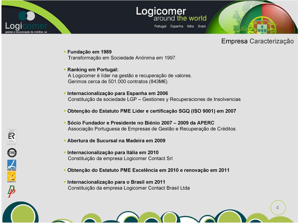 Internacionalização para Espanha em 2006 Constituição da sociedade LGP Gestiones y Recuperaciones de Insolvencias Obtenção do Estatuto PME Líder e certificação SGQ (ISO 9001) em 2007 Sócio Fundador e