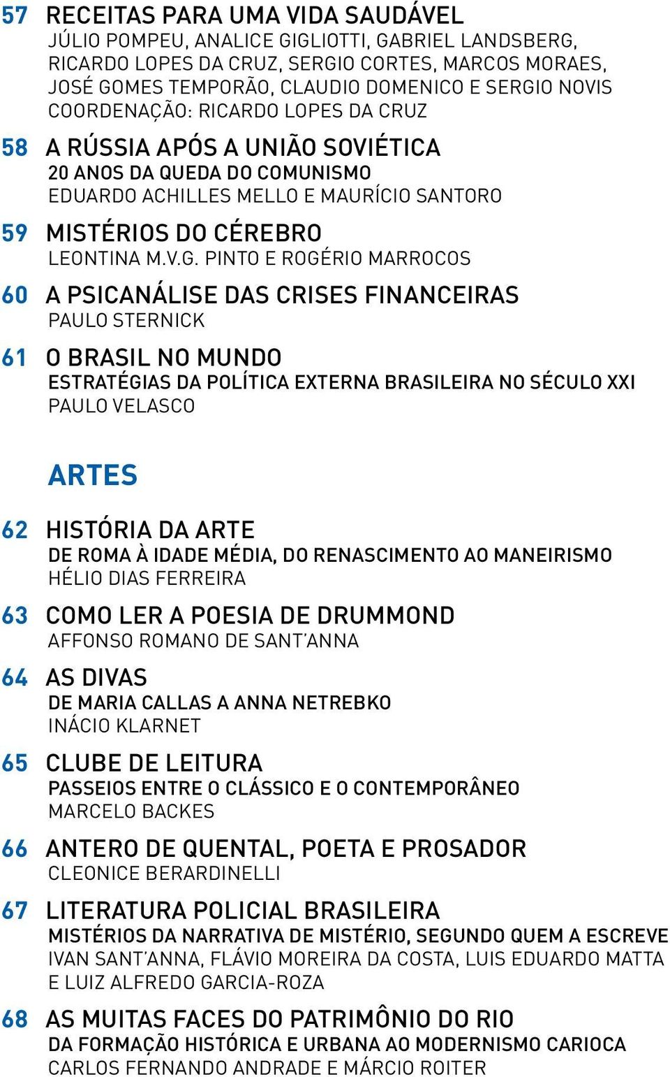 pinto e rogério marrocos 60 A PSICANÁLISE DAS CRISES FINANCEIRAS PAULO STERNICK 61 o brasil no mundo estratégias da Política externa BRASILEIRA no século xxi Paulo velasco Artes 62 HISTÓRIA DA ARTE