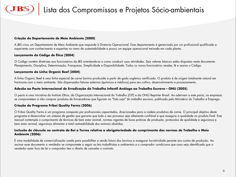 Lançamento do Código de Ética (2004) O Código contém diretrizes aos funcionários da JBS orientando-os a como conduzir suas atividades.