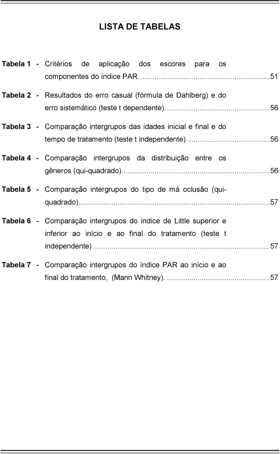 ... 56 Tabela 3 - Comparação intergrupos das idades inicial e final e do tempo de tratamento (teste t independente).