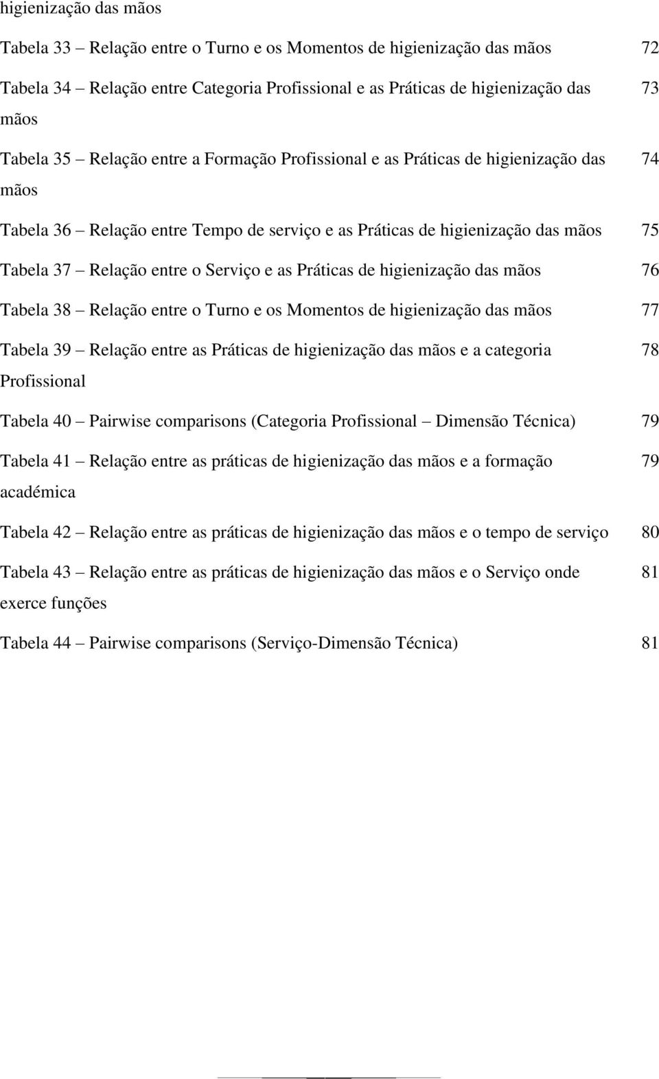 Práticas de higienização das mãos 76 Tabela 38 Relação entre o Turno e os Momentos de higienização das mãos 77 Tabela 39 Relação entre as Práticas de higienização das mãos e a categoria Profissional