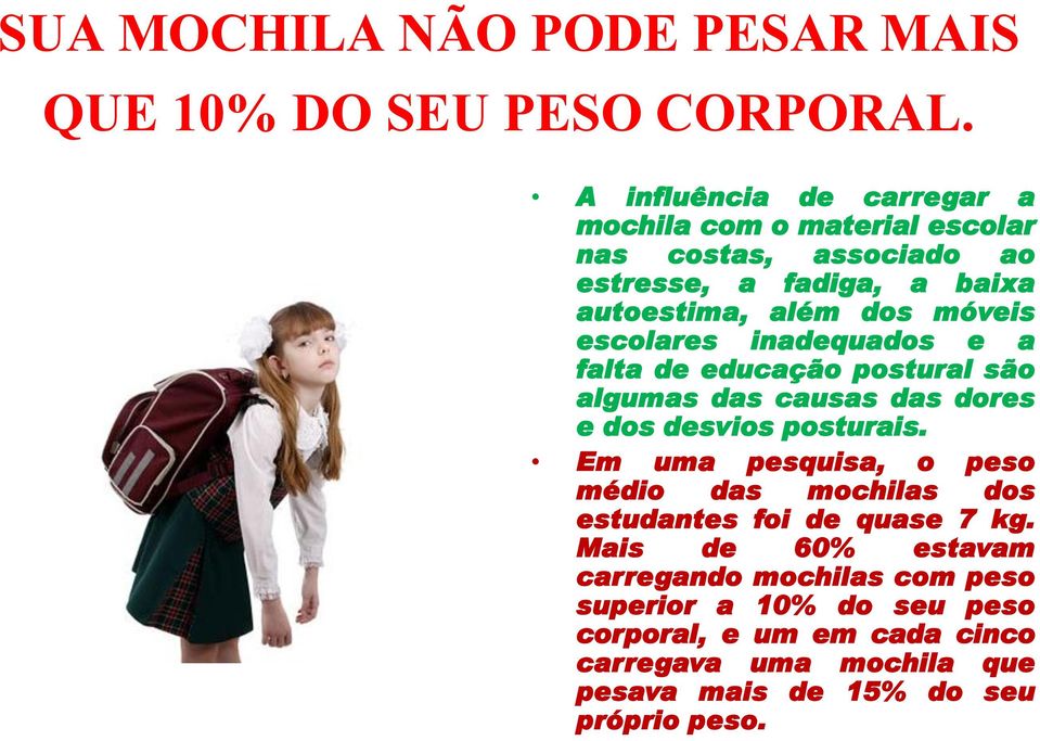 escolares inadequados e a falta de educação postural são algumas das causas das dores e dos desvios posturais.