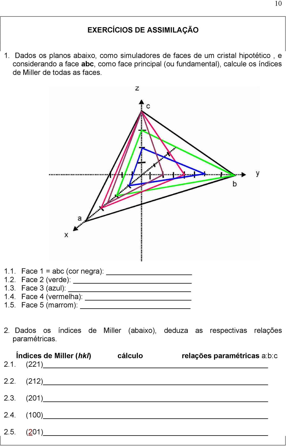 fundamental), calcule os índices de Miller de todas as faces. 1.1. Face 1 = abc (cor negra): 1.2. Face 2 (verde): 1.3.