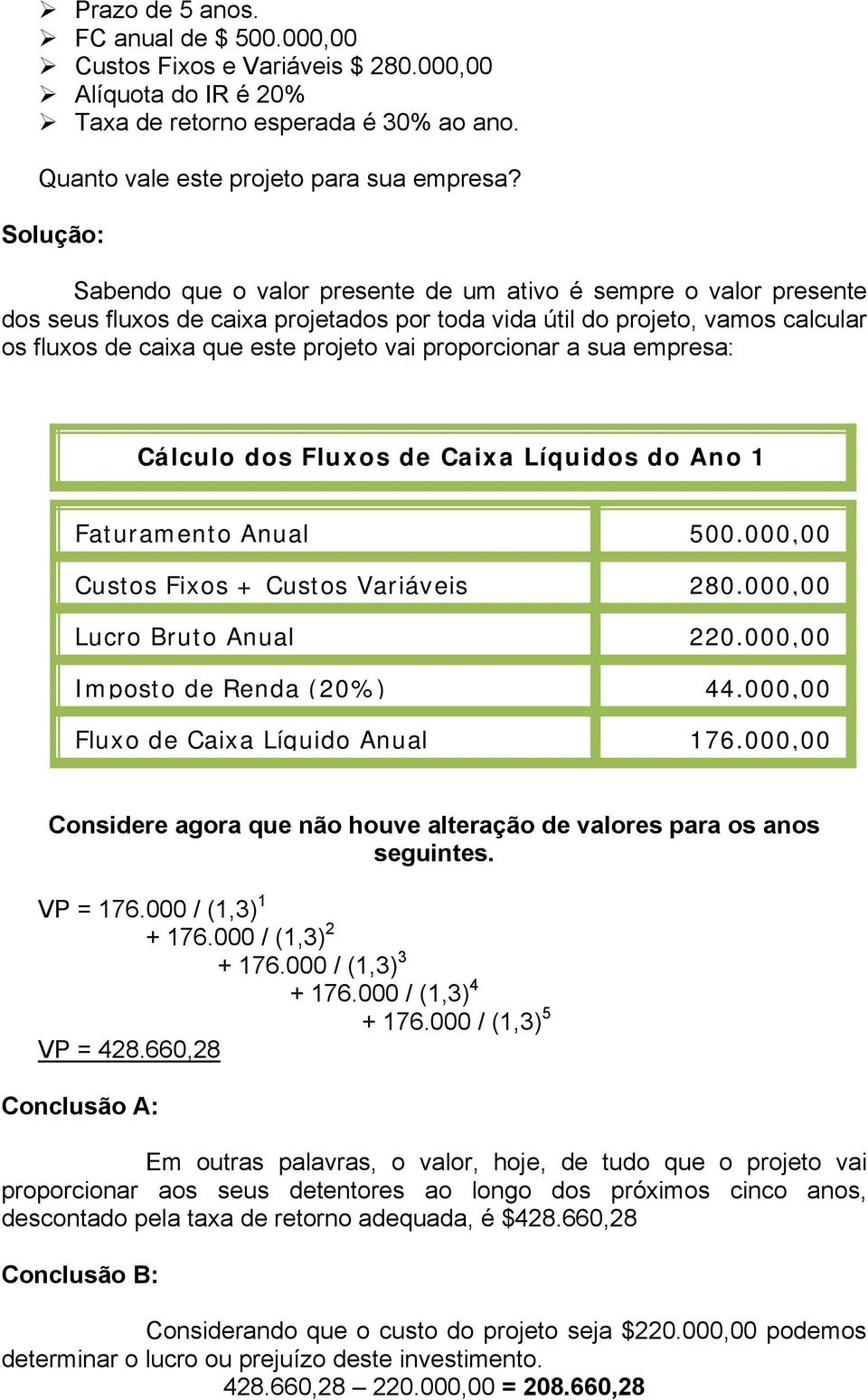 proporcionar a sua empresa: Cálculo dos Fluxos de Caixa Líquidos do Ano 1 Faturamento Anual Custos Fixos + Custos Variáveis Lucro Bruto Anual Imposto de Renda (20%) Fluxo de Caixa Líquido Anual 500.