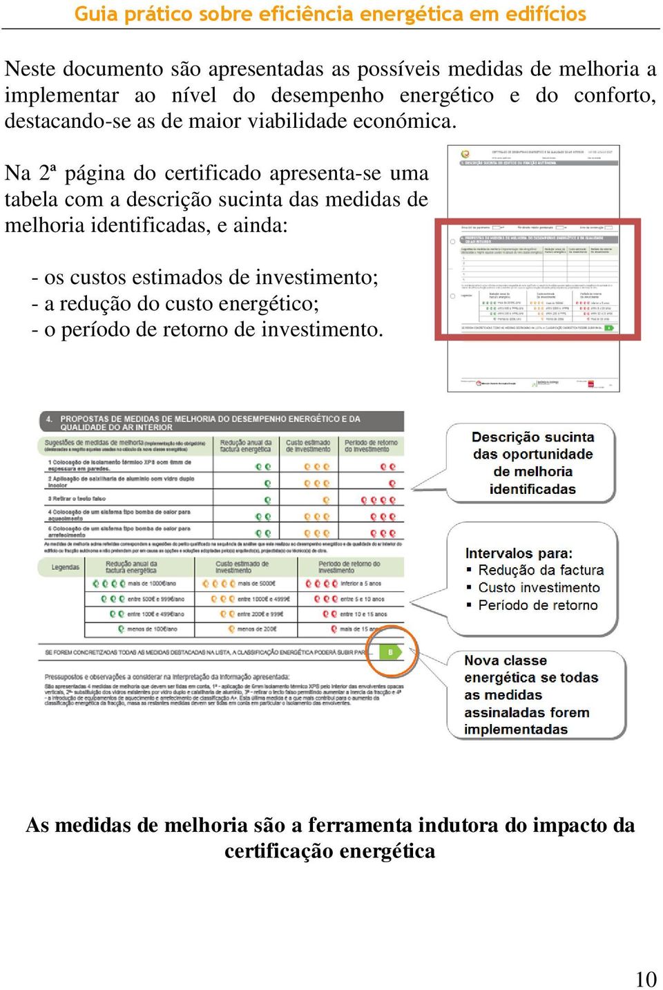 Na 2ª página do certificado apresenta-se uma tabela com a descrição sucinta das medidas de melhoria identificadas, e ainda: -