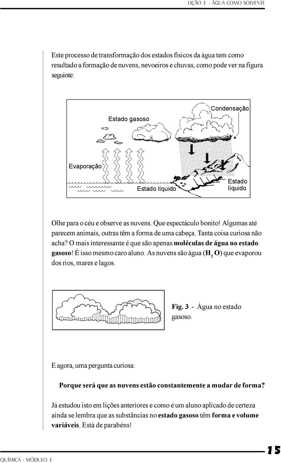 O mais interessante é que são apenas moléculas de água no estado gasoso! É isso mesmo caro aluno. As nuvens são água (H 2 O) que evaporou dos rios, mares e lagos. Fig. 3 - Água no estado gasoso.