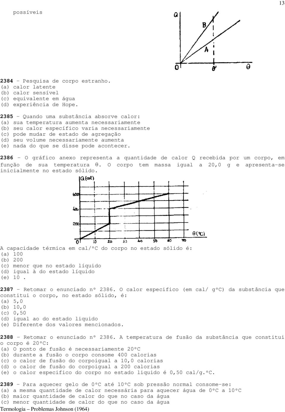 necessariamente aumenta (e) nada do que se disse pode acontecer. 2386 - O gráfico anexo representa a quantidade de calor Q recebida por um corpo, em função de sua temperatura θ.