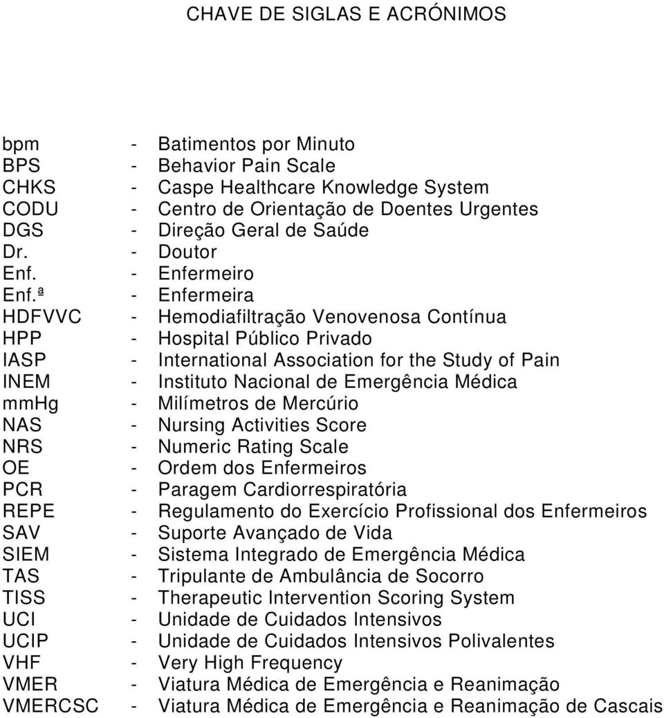 ª - Enfermeira HDFVVC - Hemodiafiltração Venovenosa Contínua HPP - Hospital Público Privado IASP - International Association for the Study of Pain INEM - Instituto Nacional de Emergência Médica mmhg