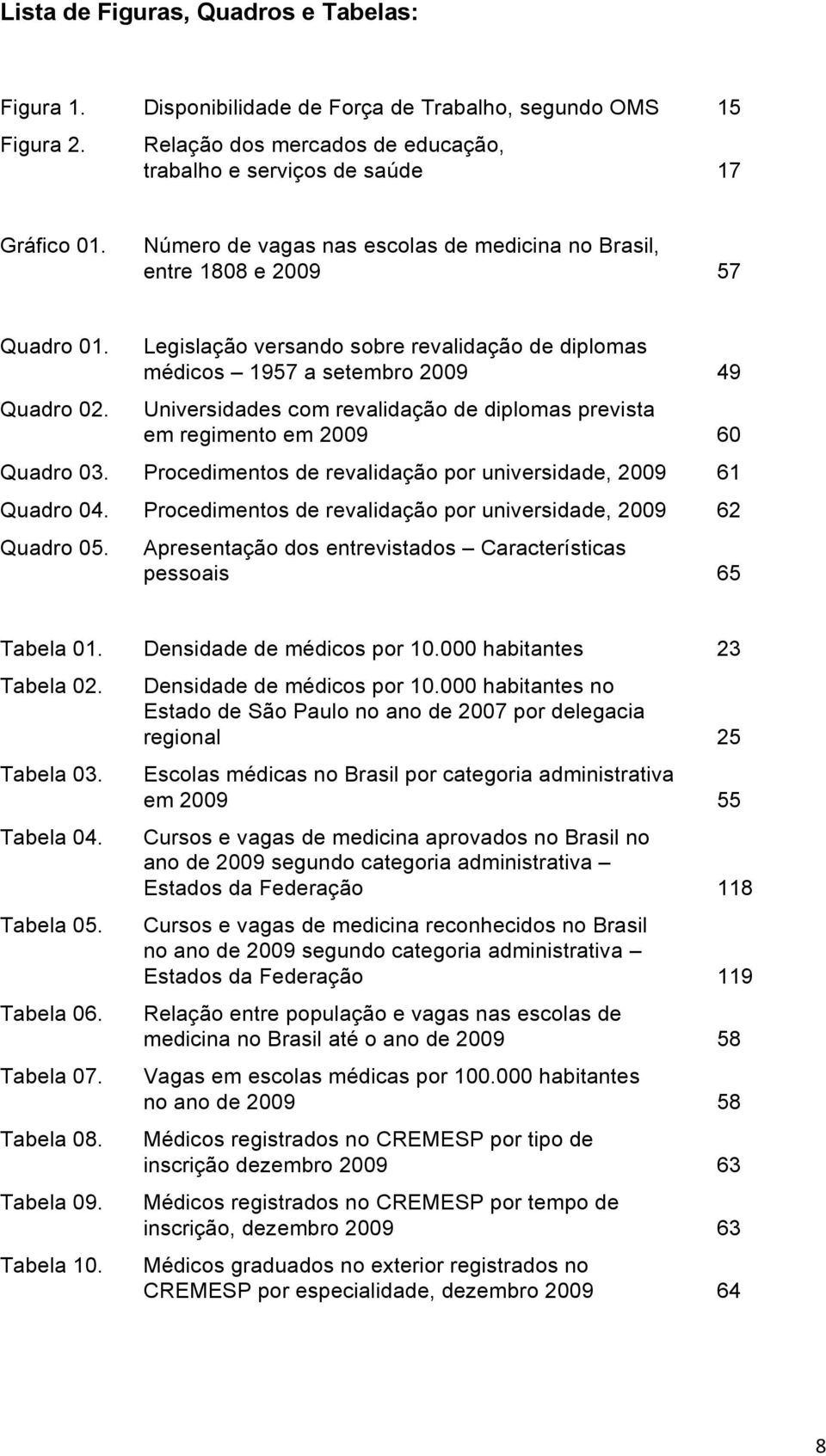 Legislação versando sobre revalidação de diplomas médicos 1957 a setembro 2009 49 Universidades com revalidação de diplomas prevista em regimento em 2009 60 Quadro 03.
