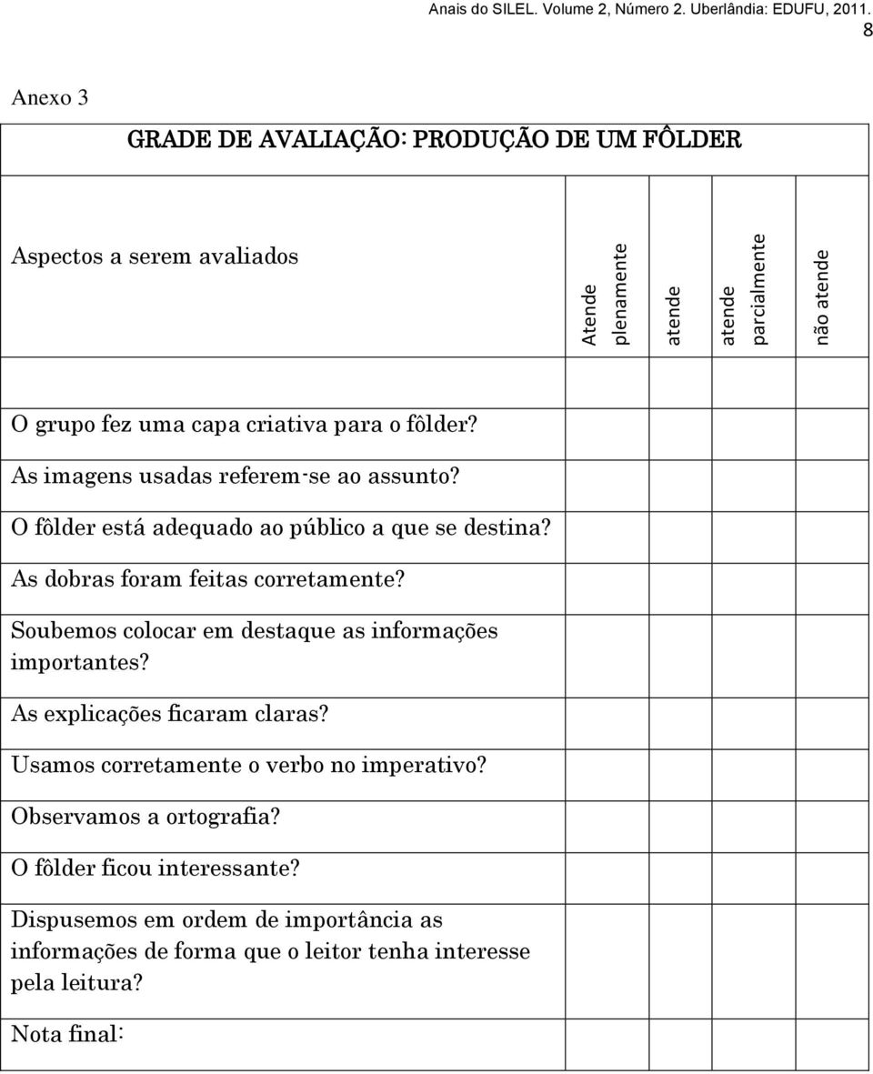 As dobras foram feitas corretamente? Soubemos colocar em destaque as informações importantes? As explicações ficaram claras?