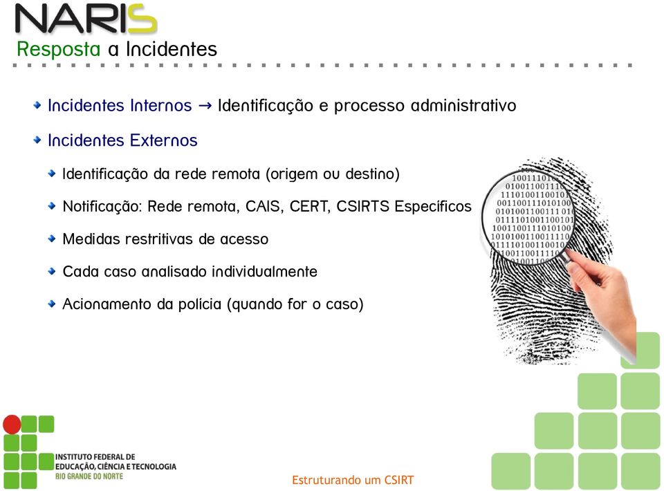 destino) Notificação: Rede remota, CAIS, CERT, CSIRTS Específicos Medidas