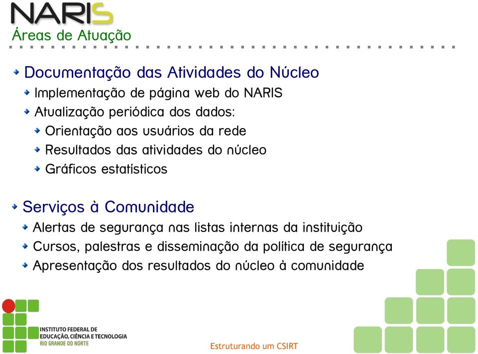 Gráficos estatísticos Serviços à Comunidade Alertas de segurança nas listas internas da instituição