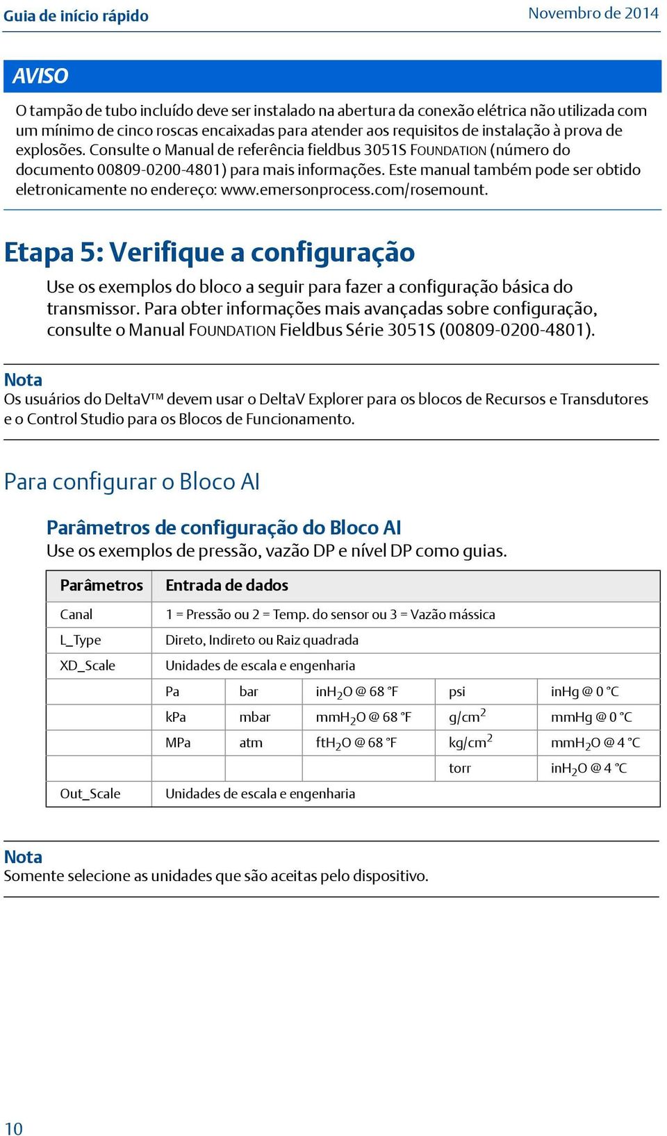 emersonprocess.com/rosemount. Etapa 5: Verifique a configuração Use os exemplos do bloco a seguir para fazer a configuração básica do transmissor.