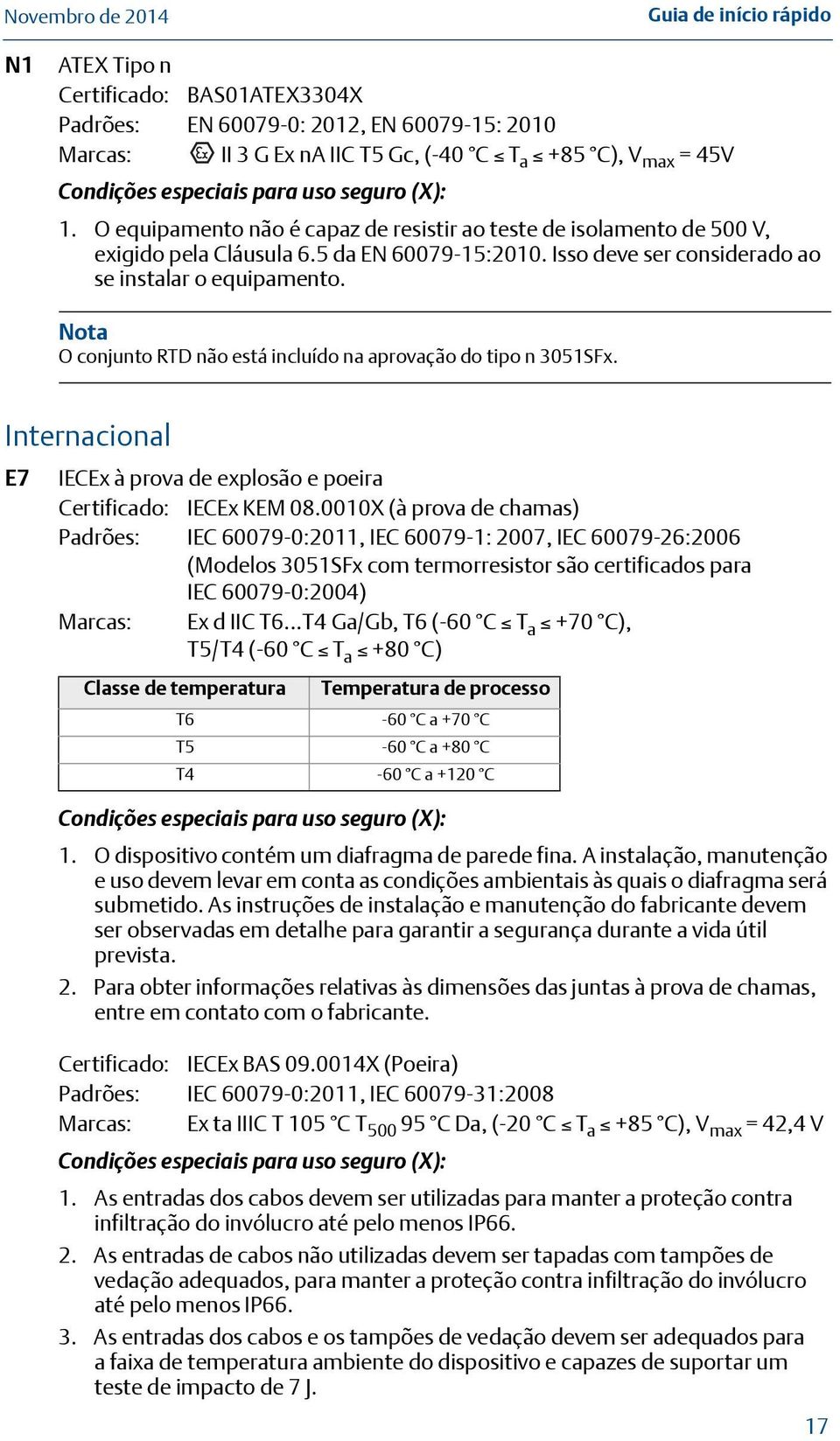 Nota O conjunto RTD não está incluído na aprovação do tipo n 3051SFx. Internacional E7 IECEx à prova de explosão e poeira Certificado: IECEx KEM 08.
