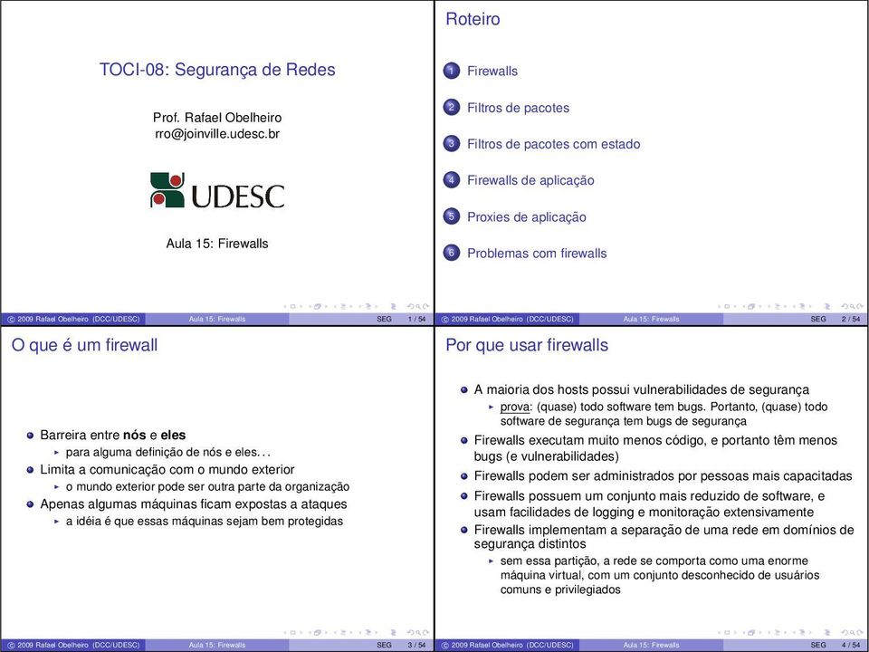 Aula 15: Firewalls SEG 1 / 54 O que é um firewall c 2009 Rafael Obelheiro (DCC/UDESC) Aula 15: Firewalls SEG 2 / 54 Por que usar firewalls Barreira entre nós e eles para alguma definição de nós e