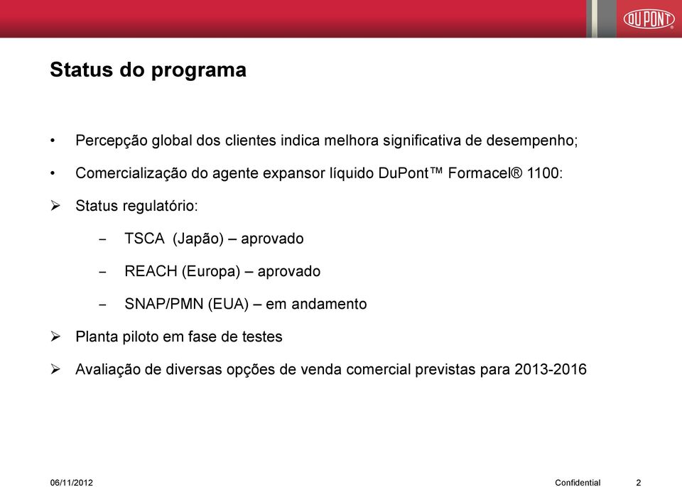 (Japão) aprovado REACH (Europa) aprovado SNAP/PMN (EUA) em andamento Planta piloto em fase de